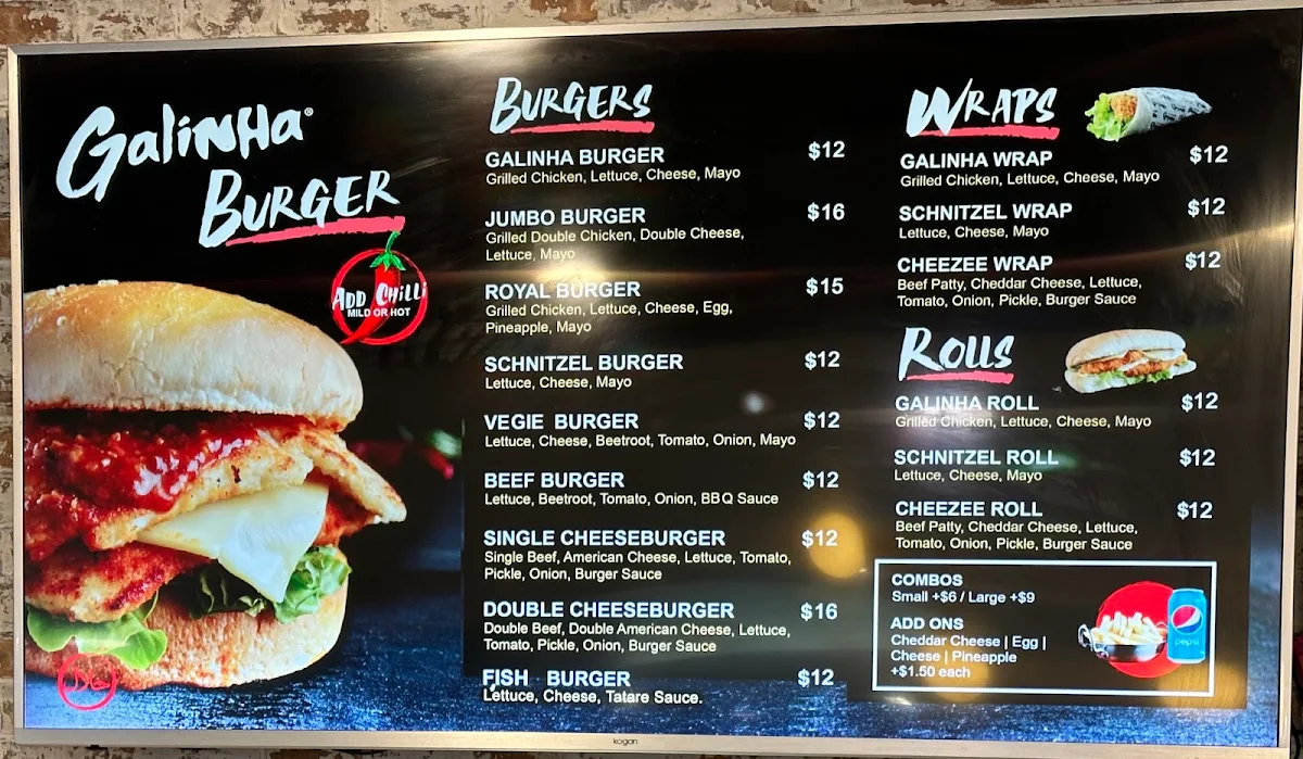 Menu, Galinha Burger Narellan