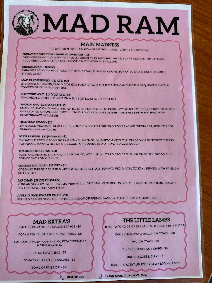 Menu, Mad Ram Cafe