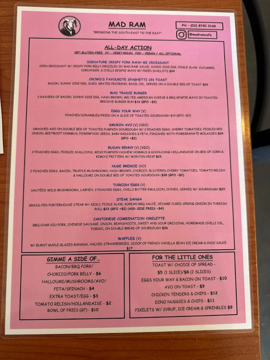 Menu, Mad Ram Cafe