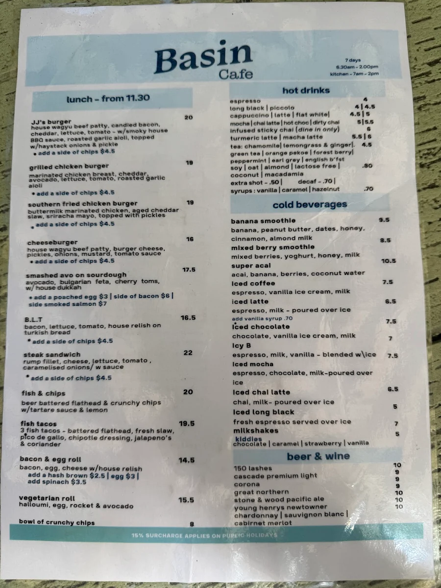 Menu, Basin Cafe