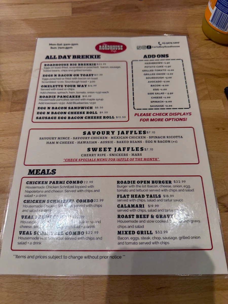 Menu, Corio Bay Roadhouse