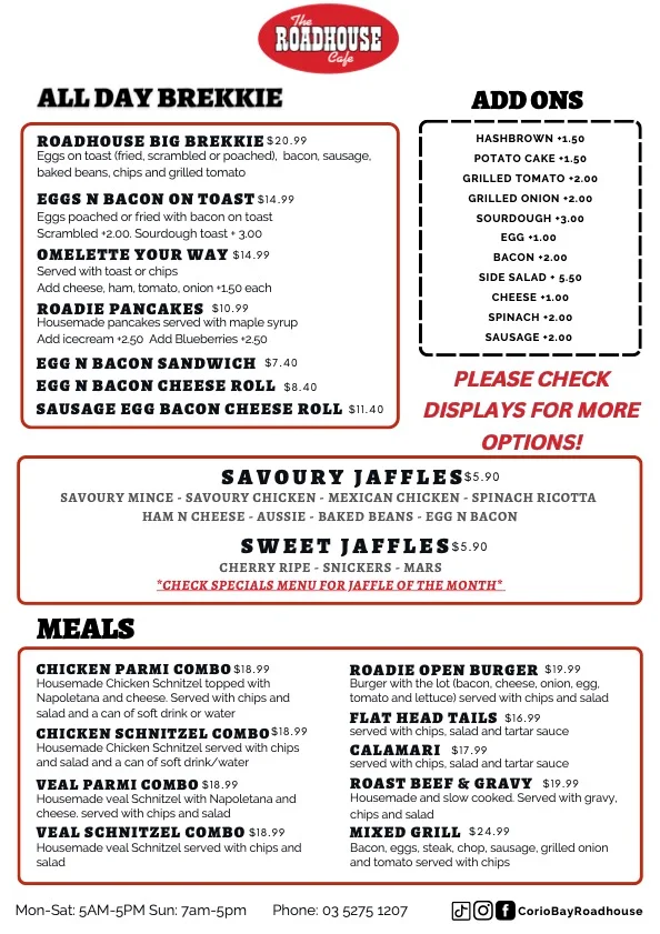 Menu, Corio Bay Roadhouse