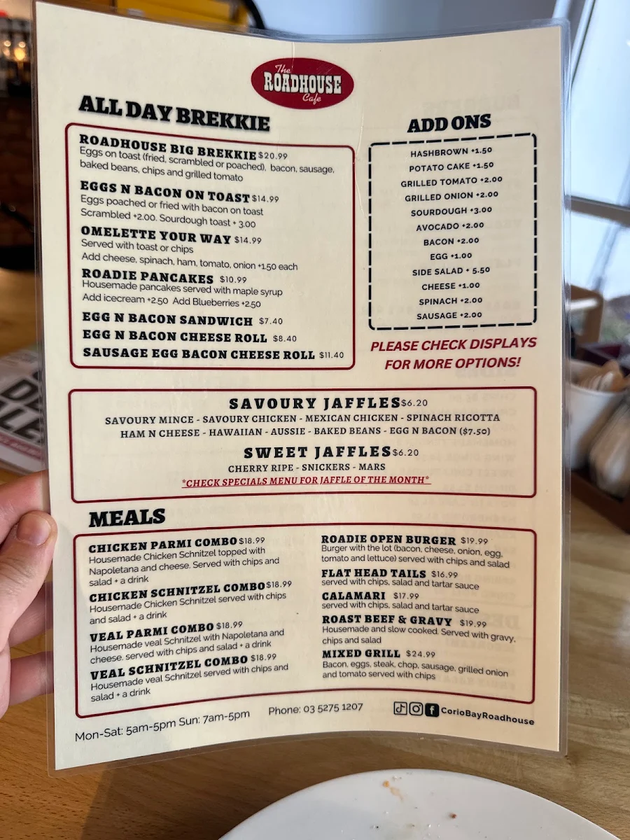 Menu, Corio Bay Roadhouse