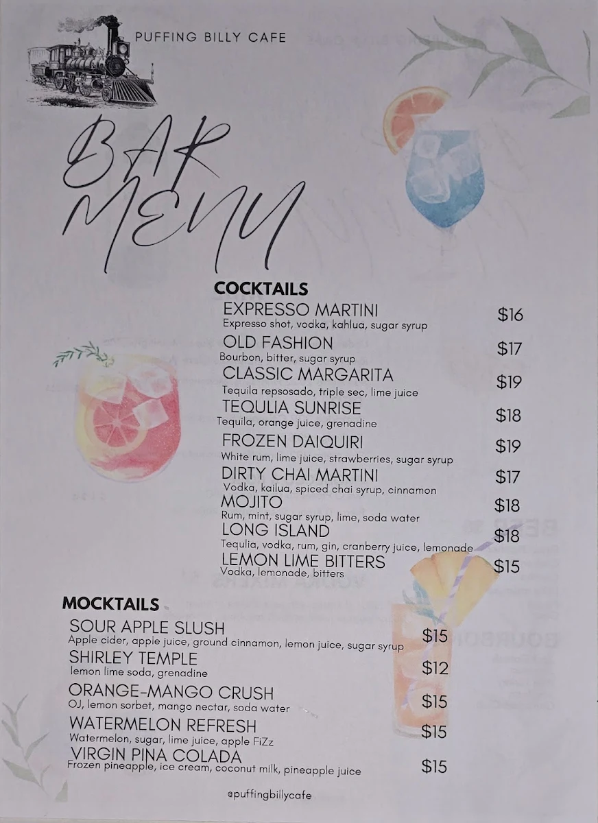 Menu, Puffing Billy Cafe & Bar