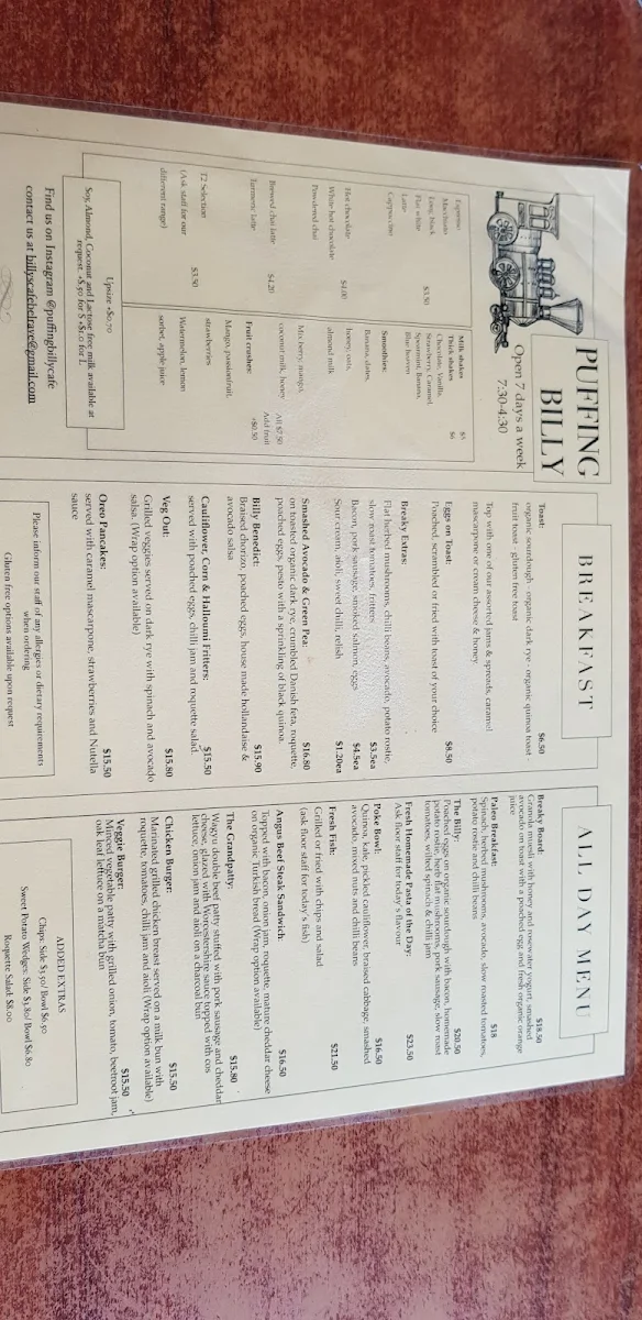 Menu, Puffing Billy Cafe & Bar