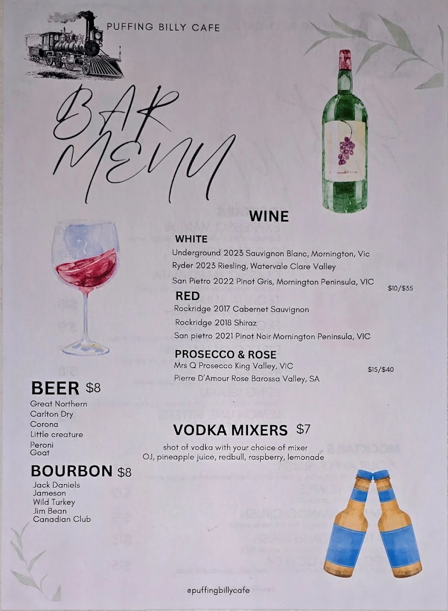 Menu, Puffing Billy Cafe & Bar