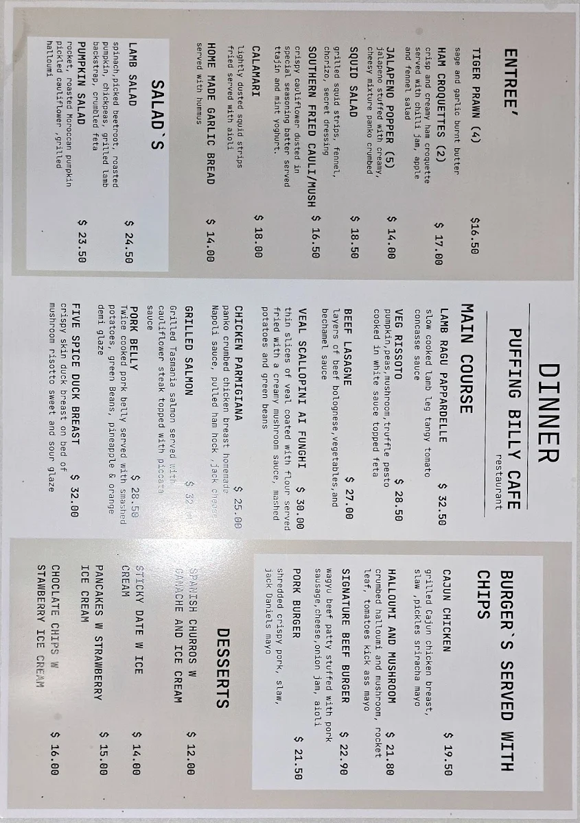 Menu, Puffing Billy Cafe & Bar