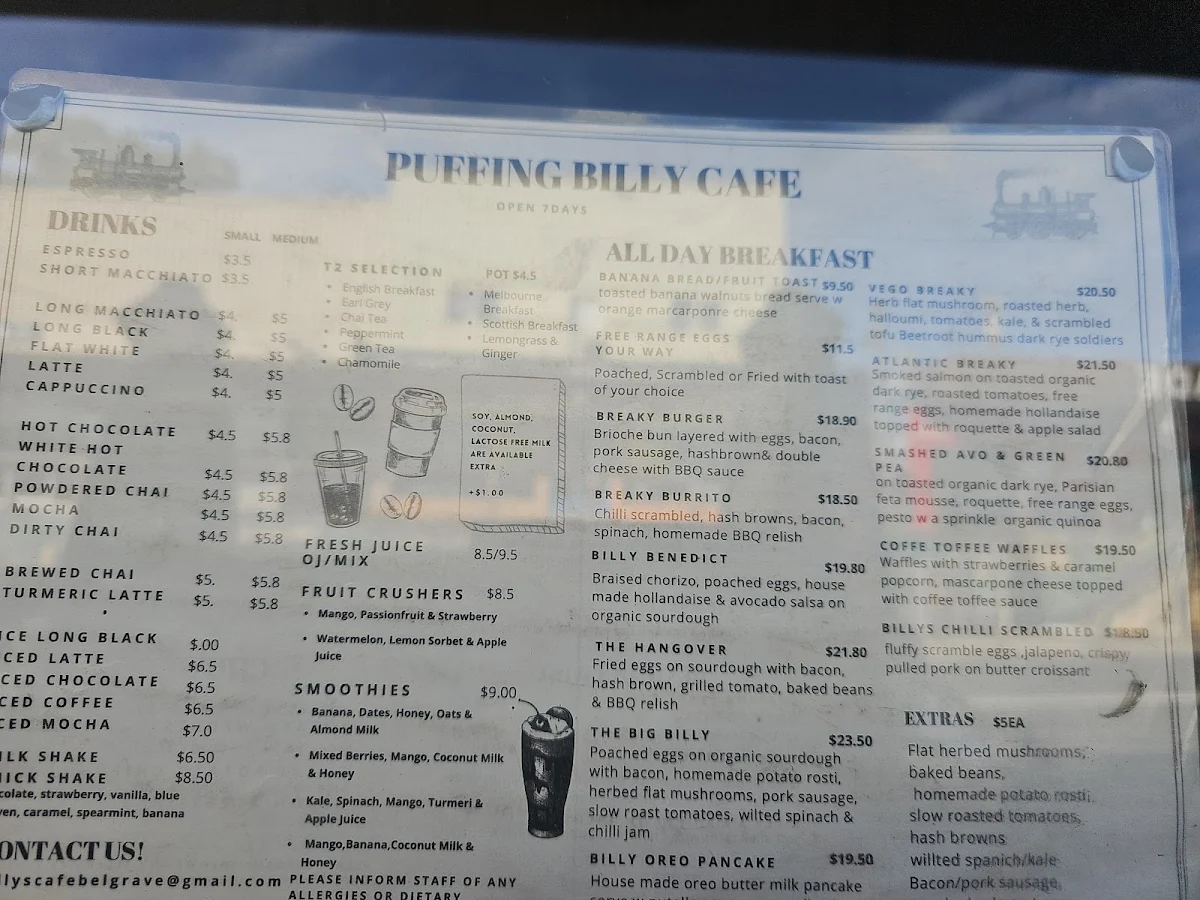 Menu, Puffing Billy Cafe & Bar