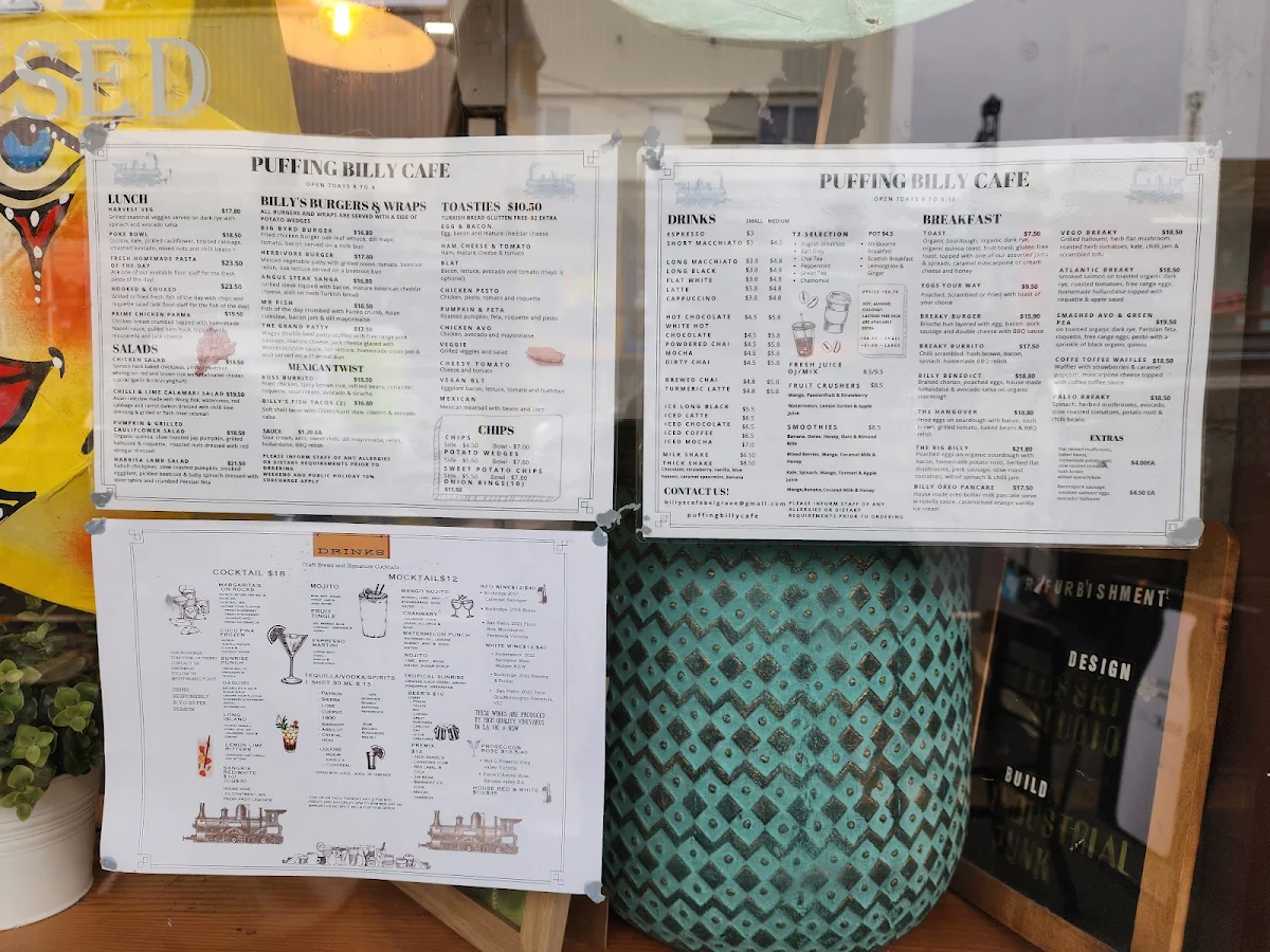 Menu, Puffing Billy Cafe & Bar
