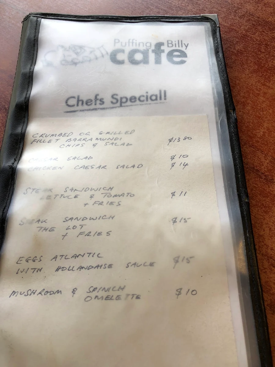 Menu, Puffing Billy Cafe & Bar