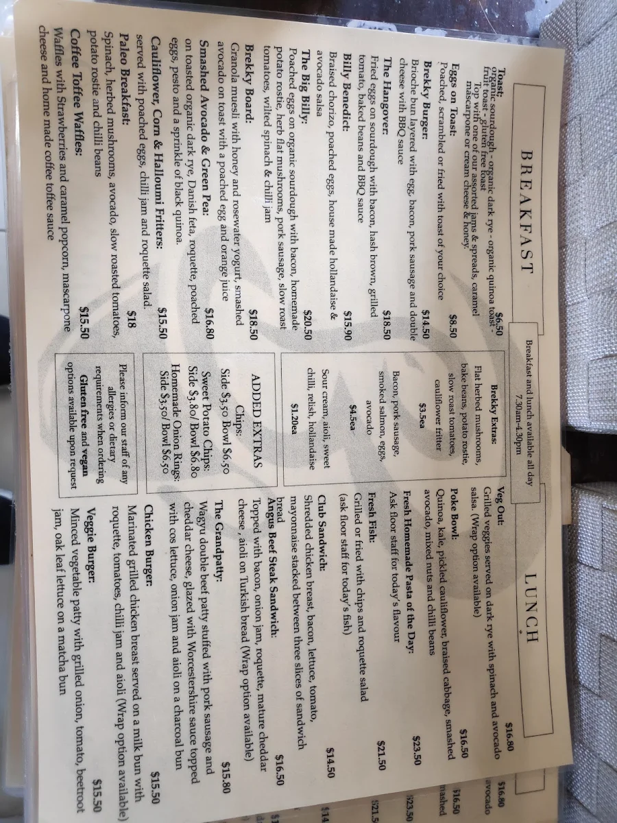 Menu, Puffing Billy Cafe & Bar