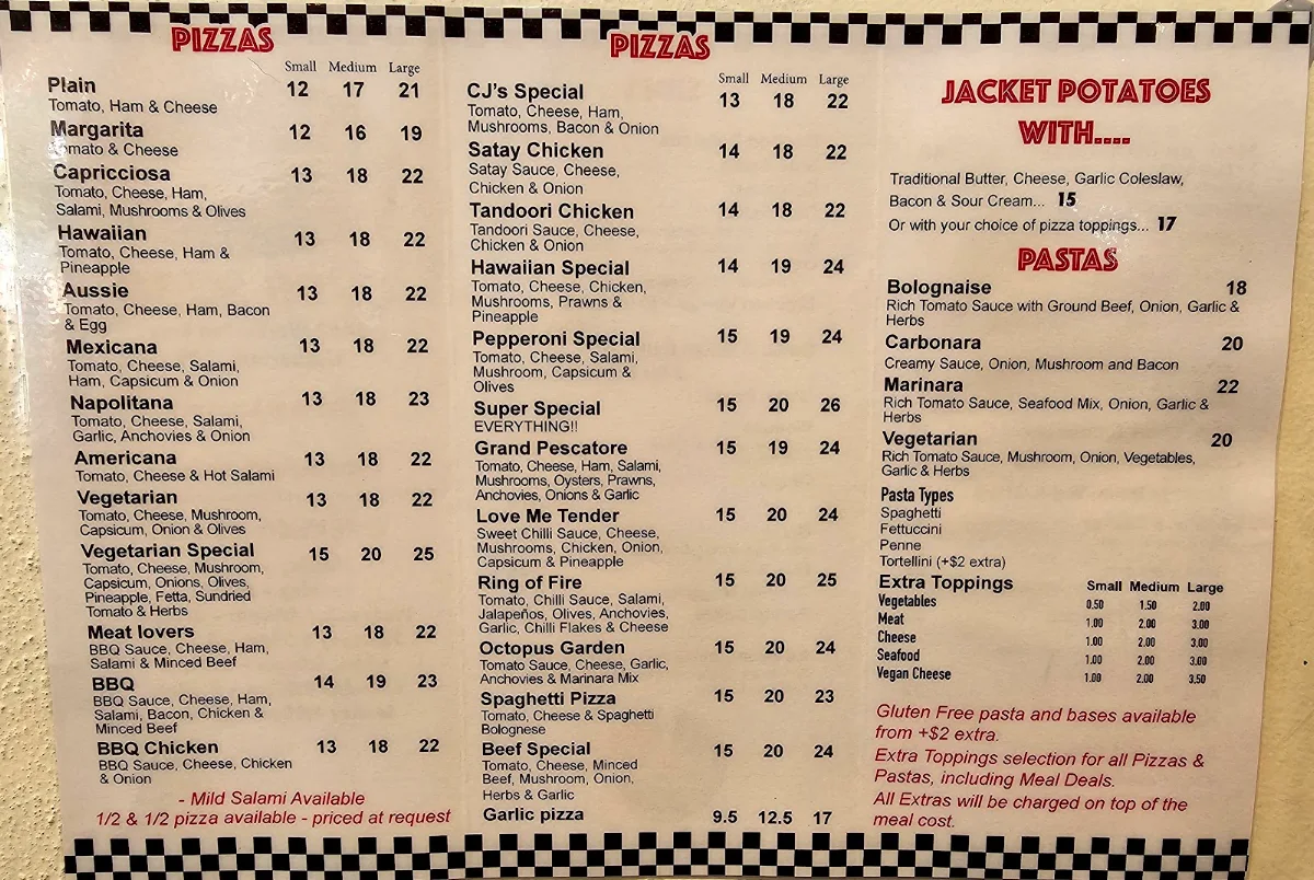 Menu, CJ's Pizza Cafe