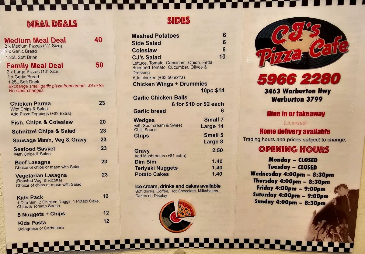 Menu, CJ's Pizza Cafe