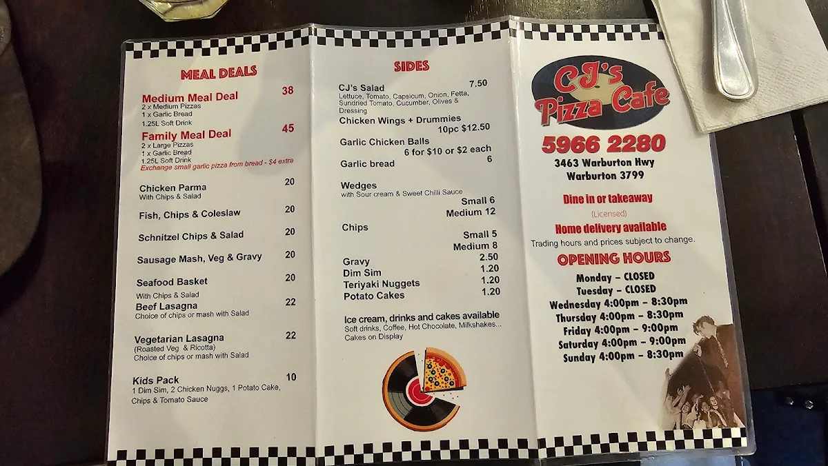 Menu, CJ's Pizza Cafe