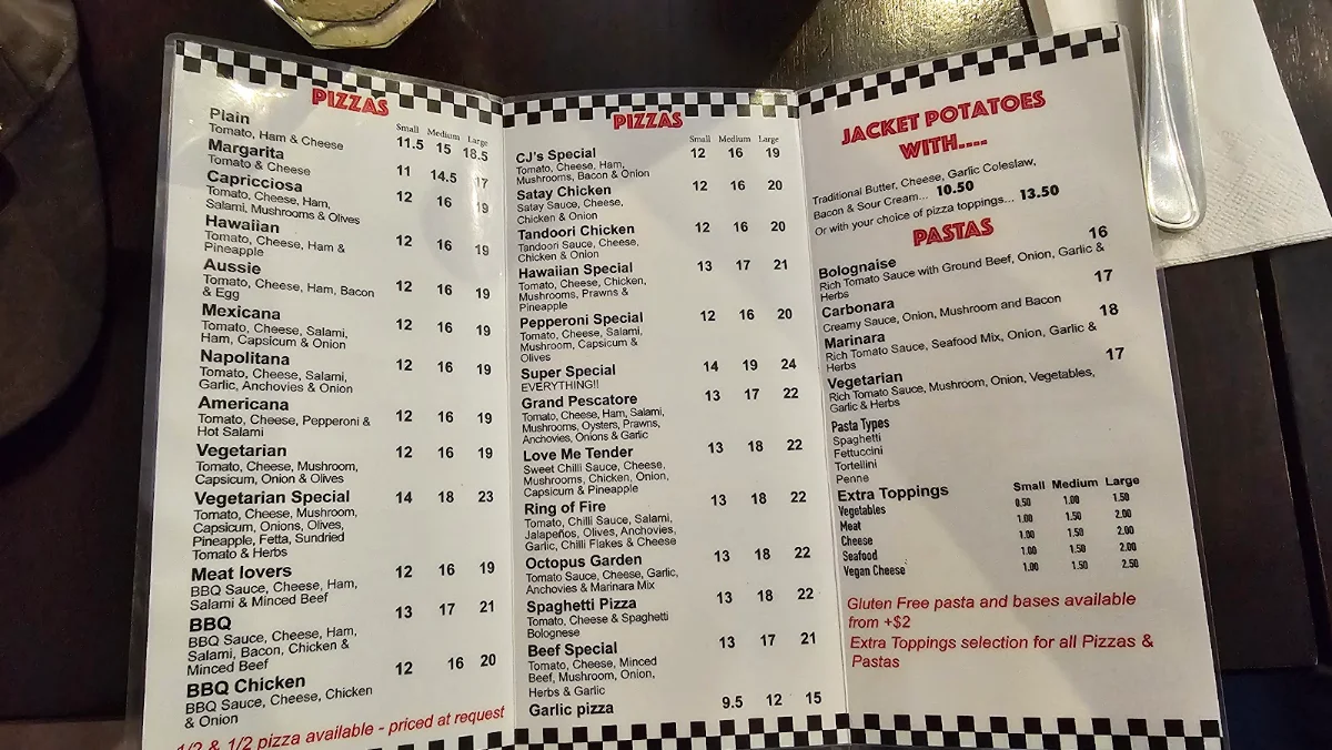 Menu, CJ's Pizza Cafe