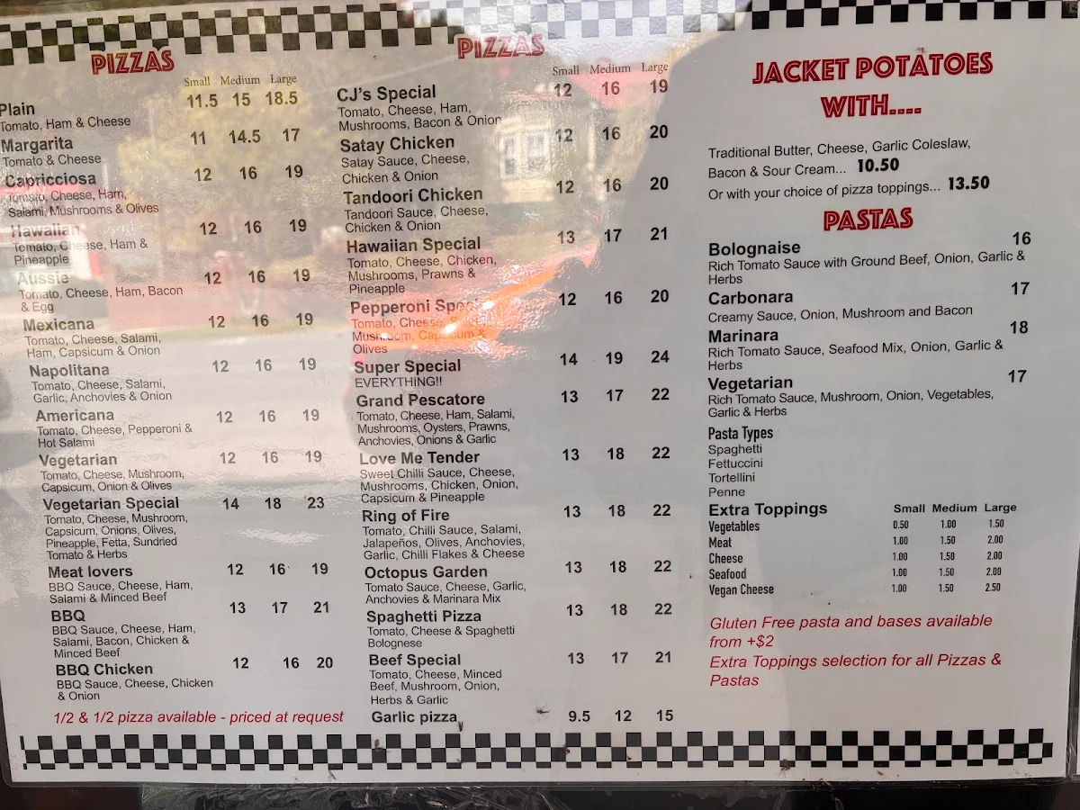 Menu, CJ's Pizza Cafe