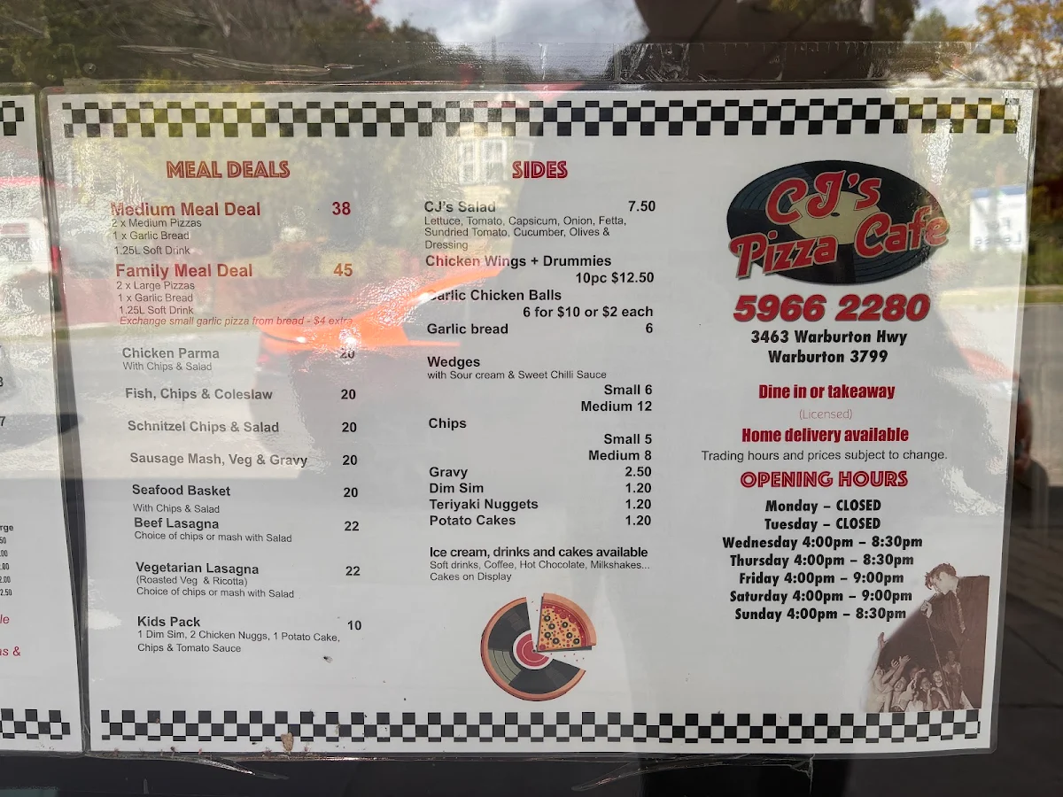 Menu, CJ's Pizza Cafe