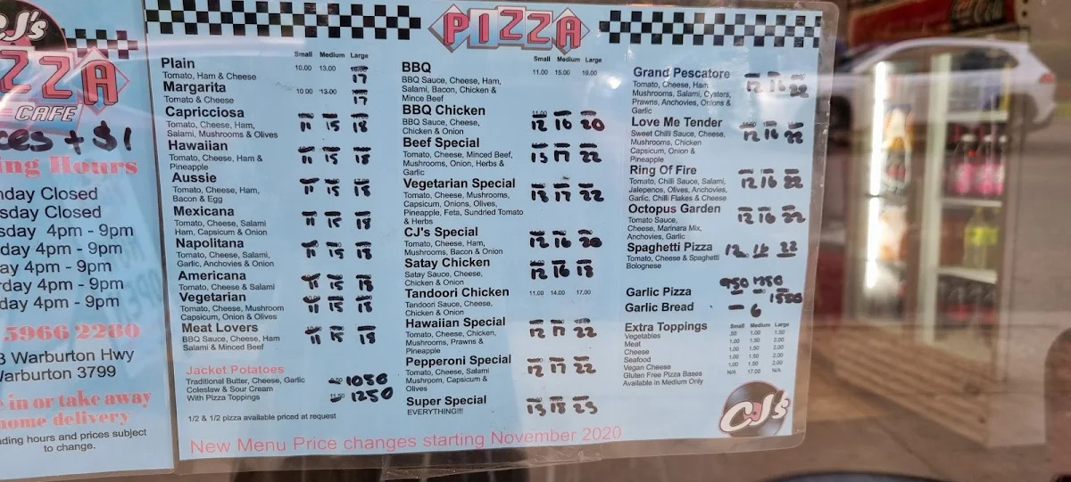 Menu, CJ's Pizza Cafe