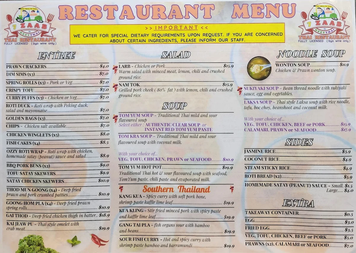 Menu, 7 ZAAB THAI RESTAURANT