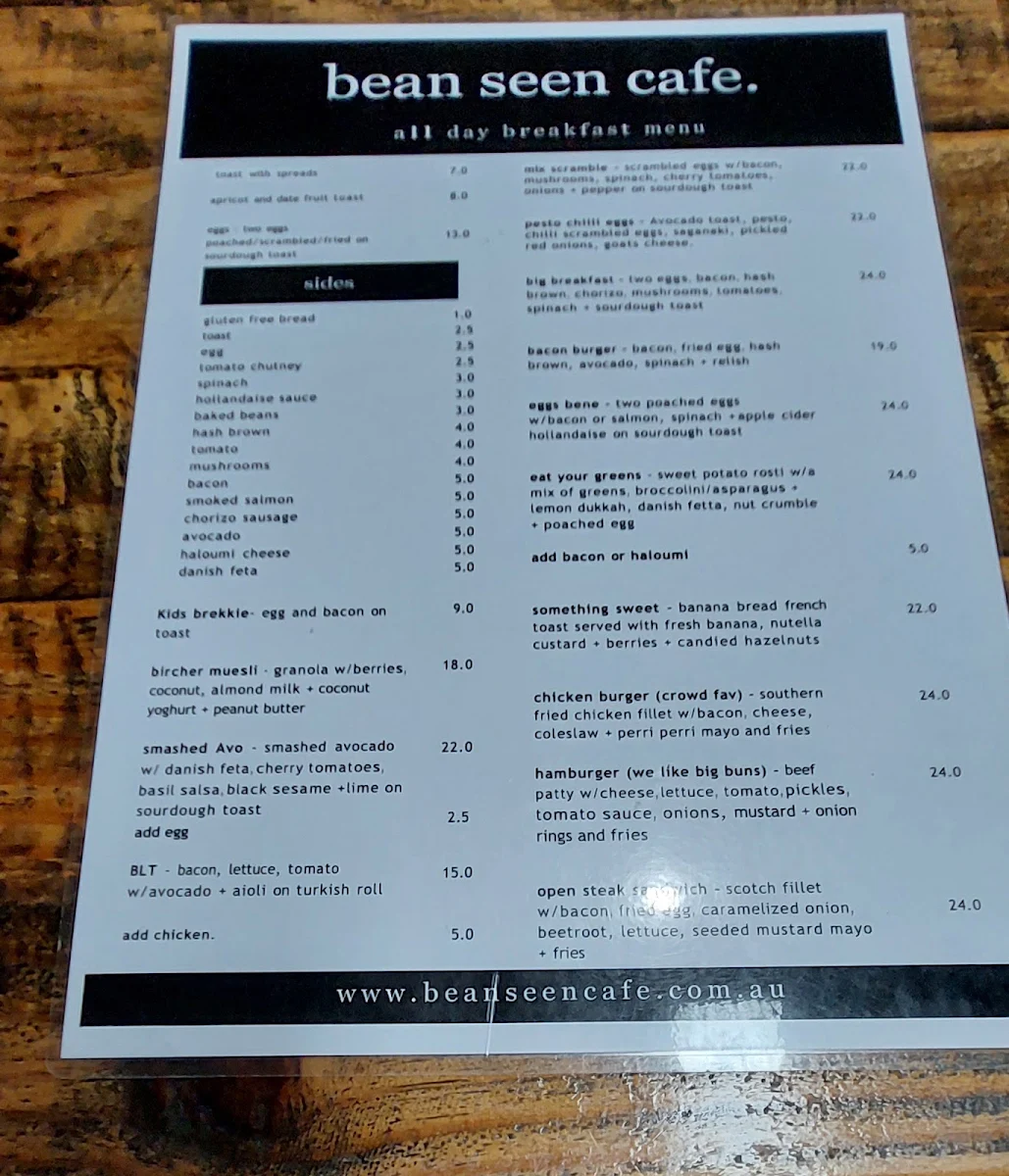 Menu, Bean Seen Cafe