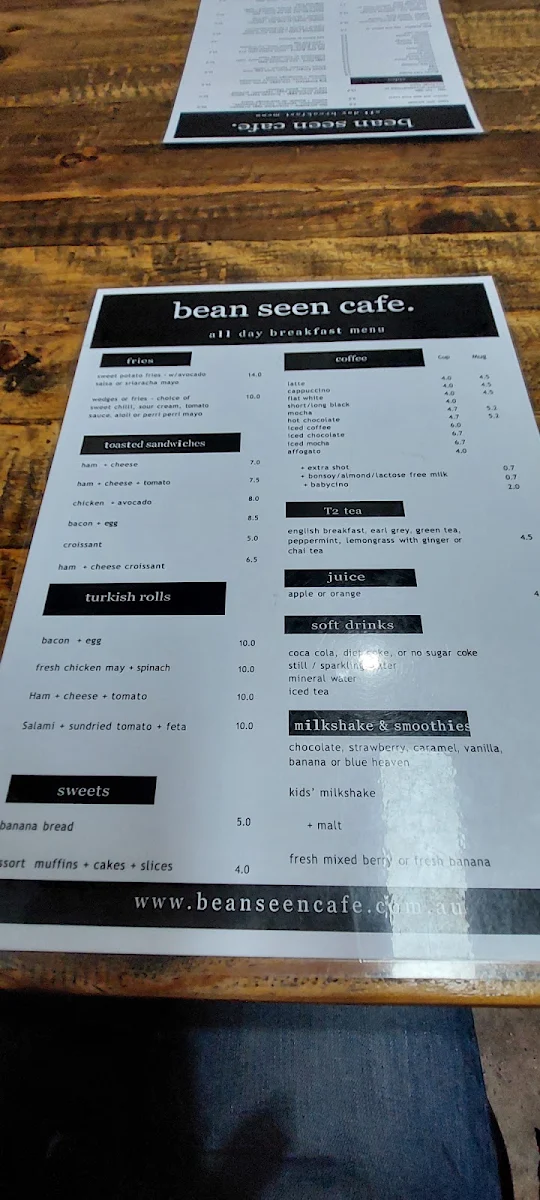 Menu, Bean Seen Cafe