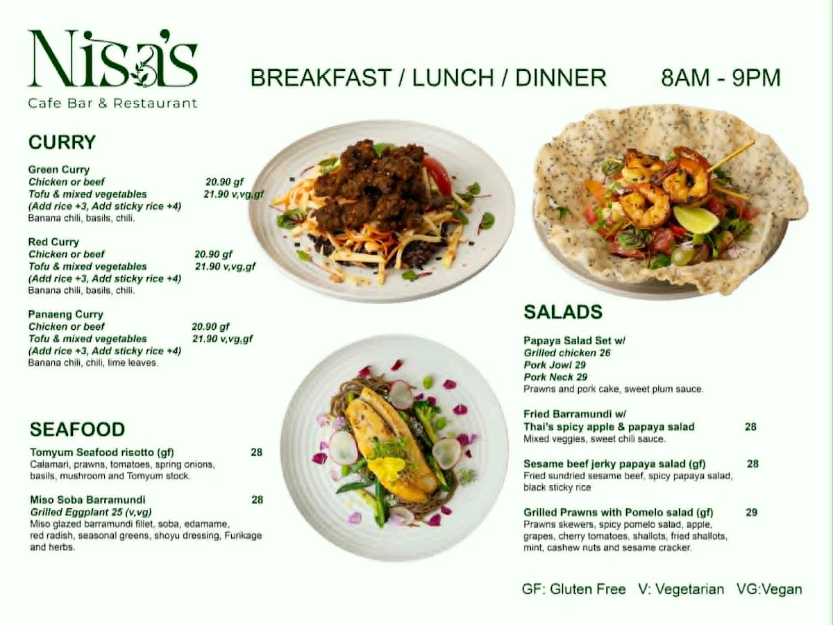 Menu, Nisa's Cafe Bar & Restaurant (Nisa’s Thai Street Food)