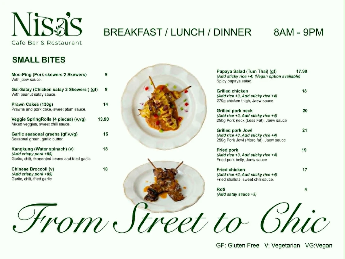 Menu, Nisa's Cafe Bar & Restaurant (Nisa’s Thai Street Food)