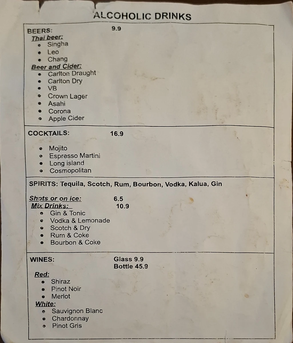 Menu, Nisa's Cafe Bar & Restaurant (Nisa’s Thai Street Food)