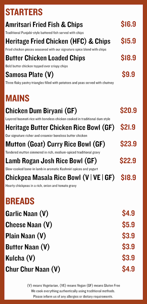Menu, Heritage Curry House