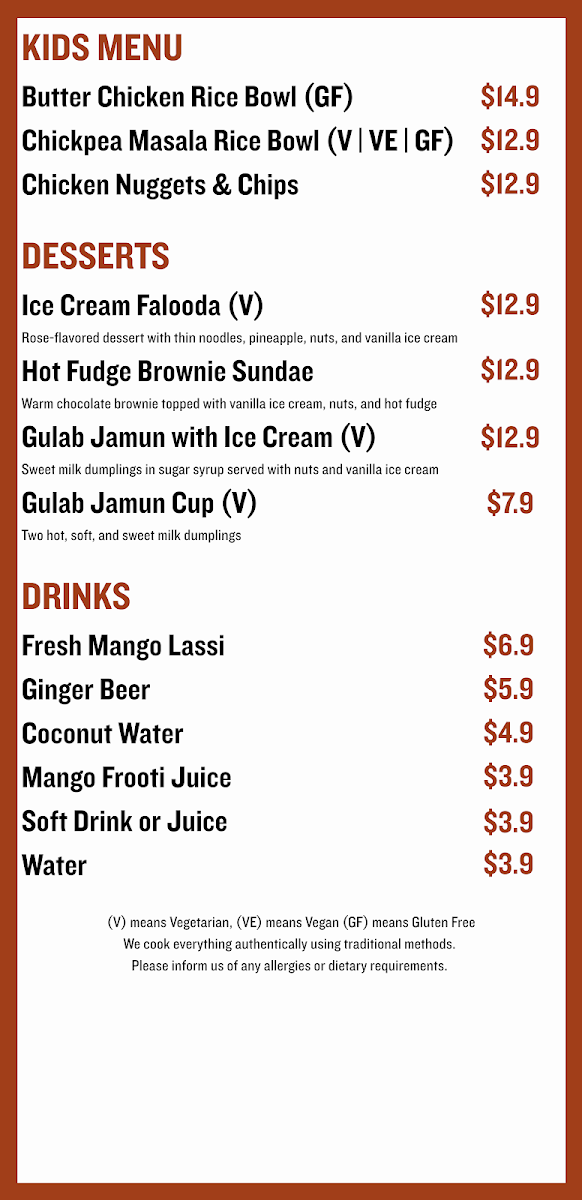Menu, Heritage Curry House