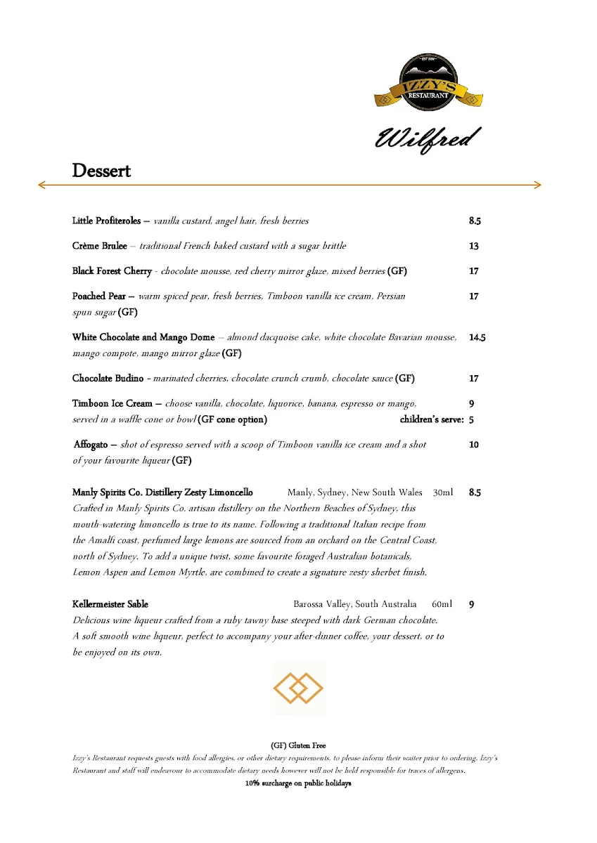 Menu, Izzy's Restaurant Wilfred