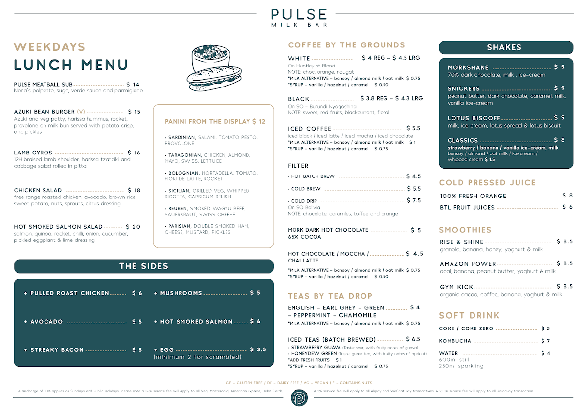 Menu, Pulse Milk Bar