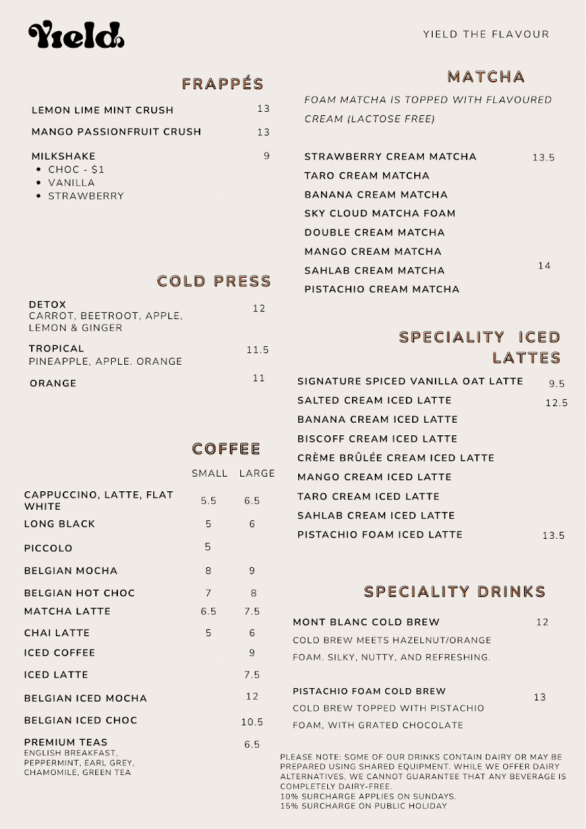 Menu, Yield Cafe