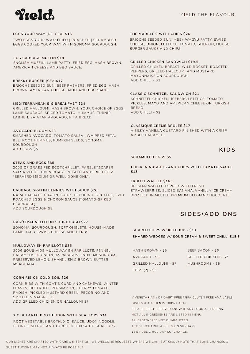 Menu, Yield Cafe