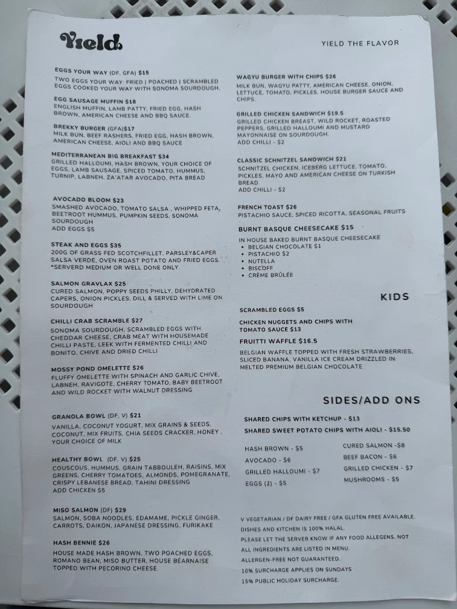 Menu, Yield Cafe