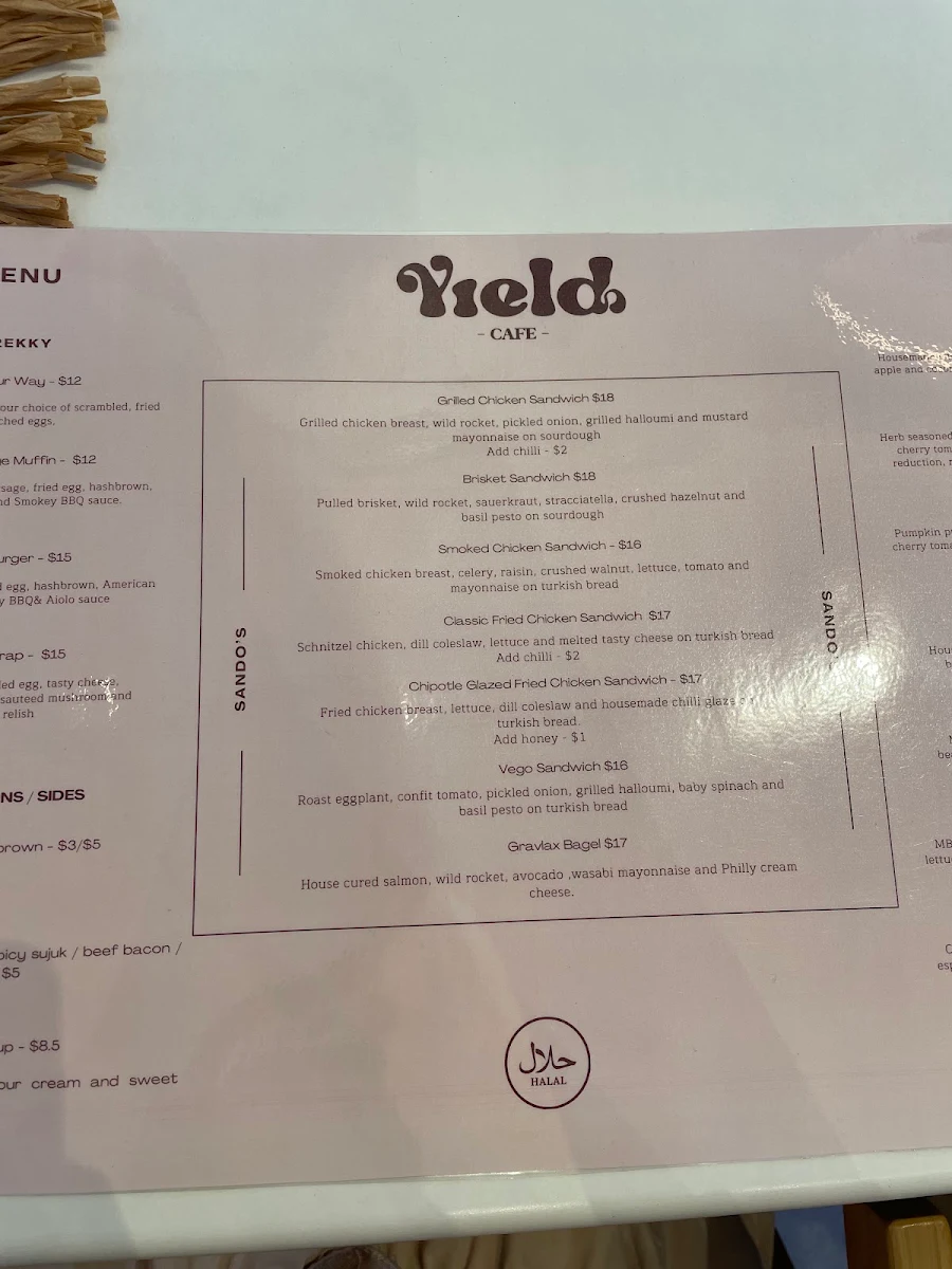 Menu, Yield Cafe