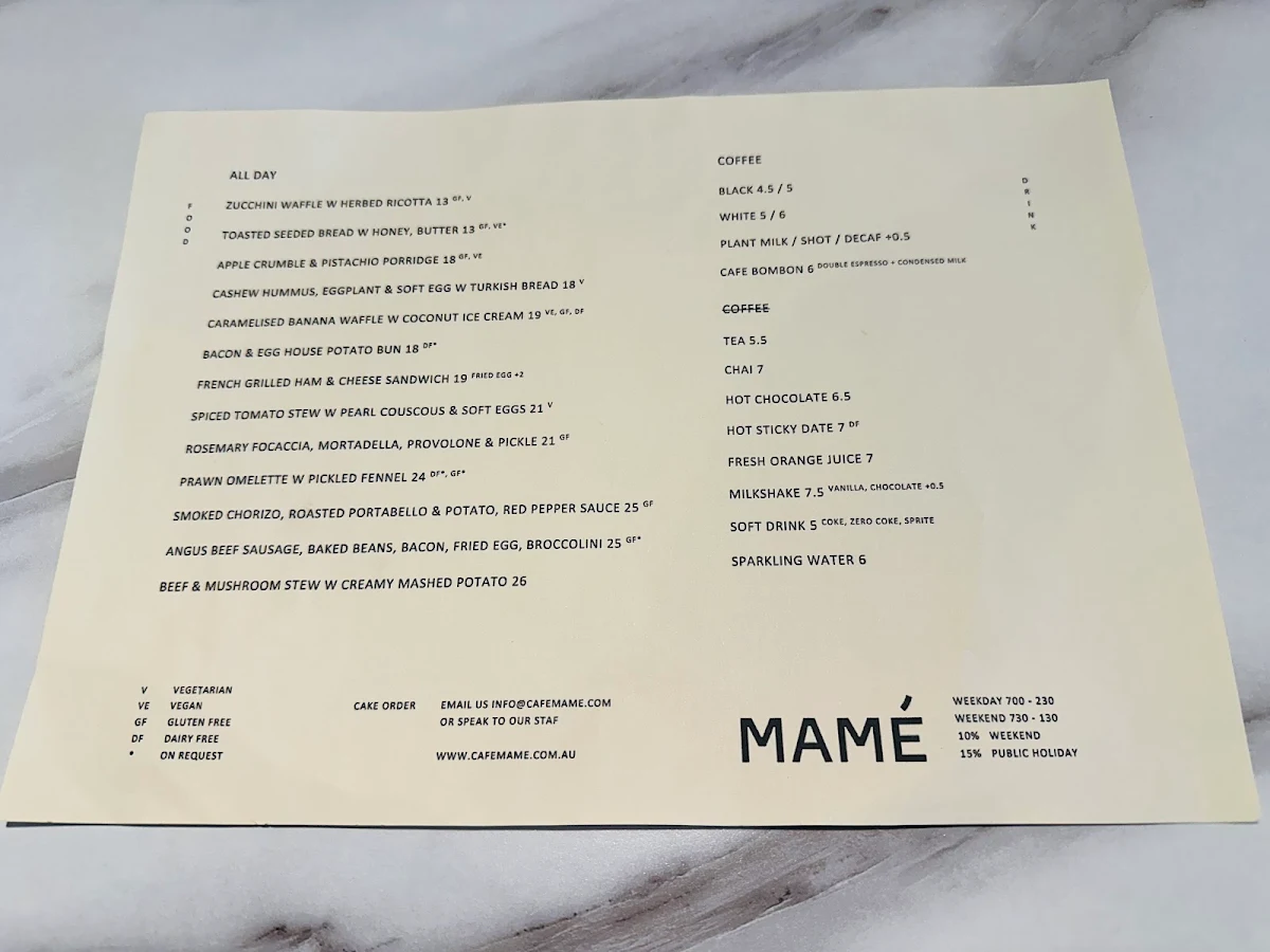 Menu, CAFÉ MAMÉ