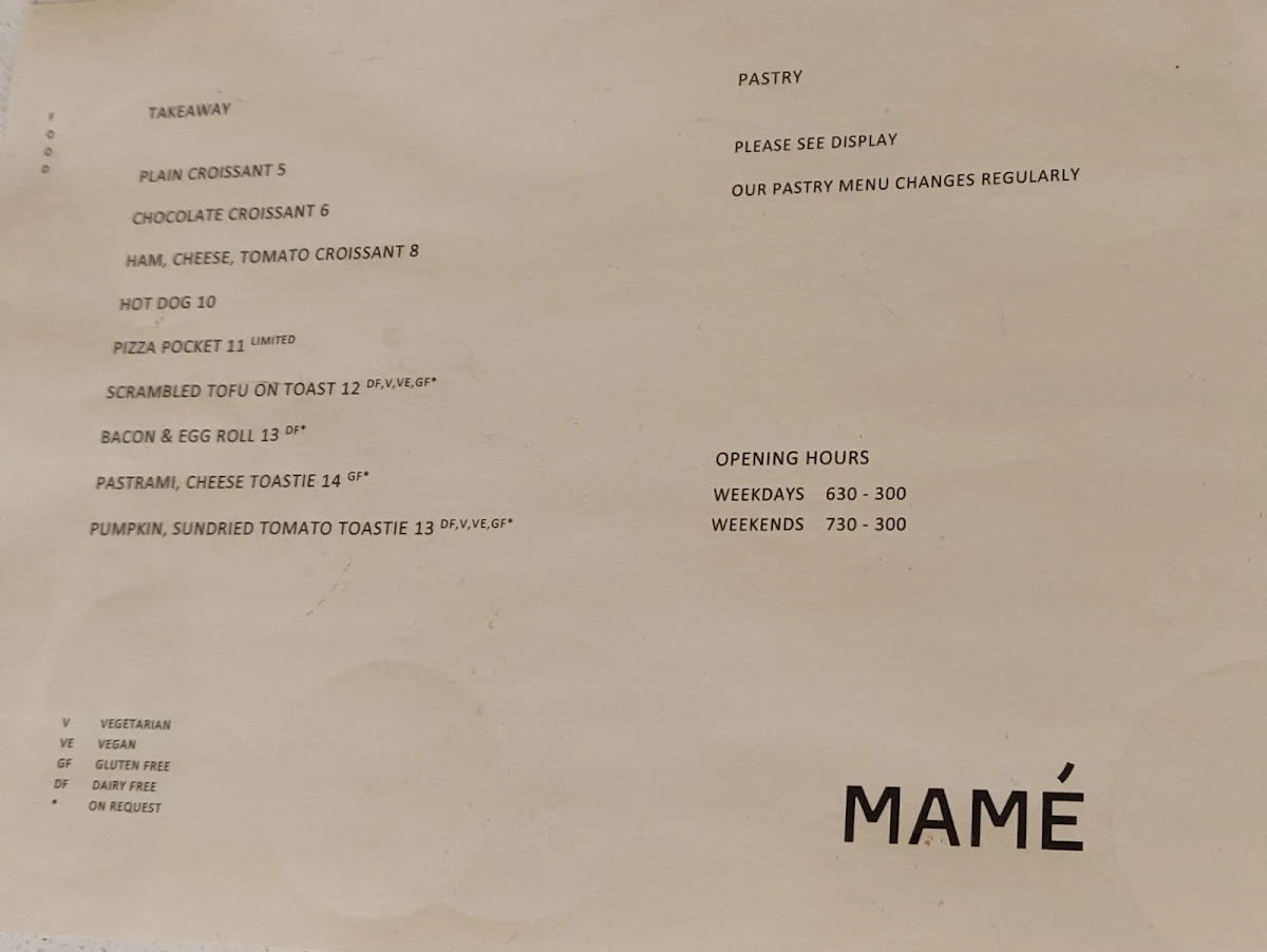 Menu, CAFÉ MAMÉ