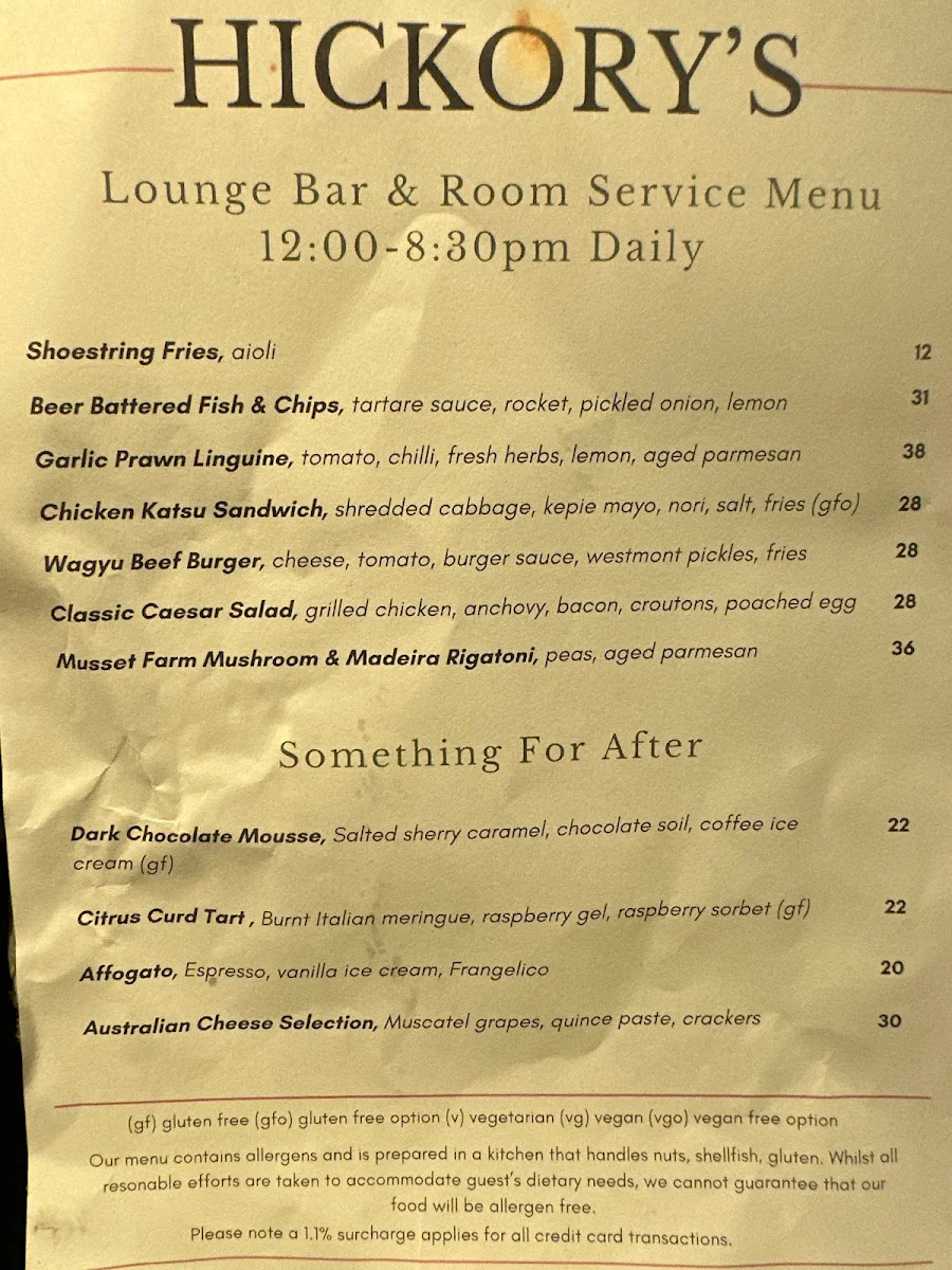 Menu, Hickory's Restaurant & Bar
