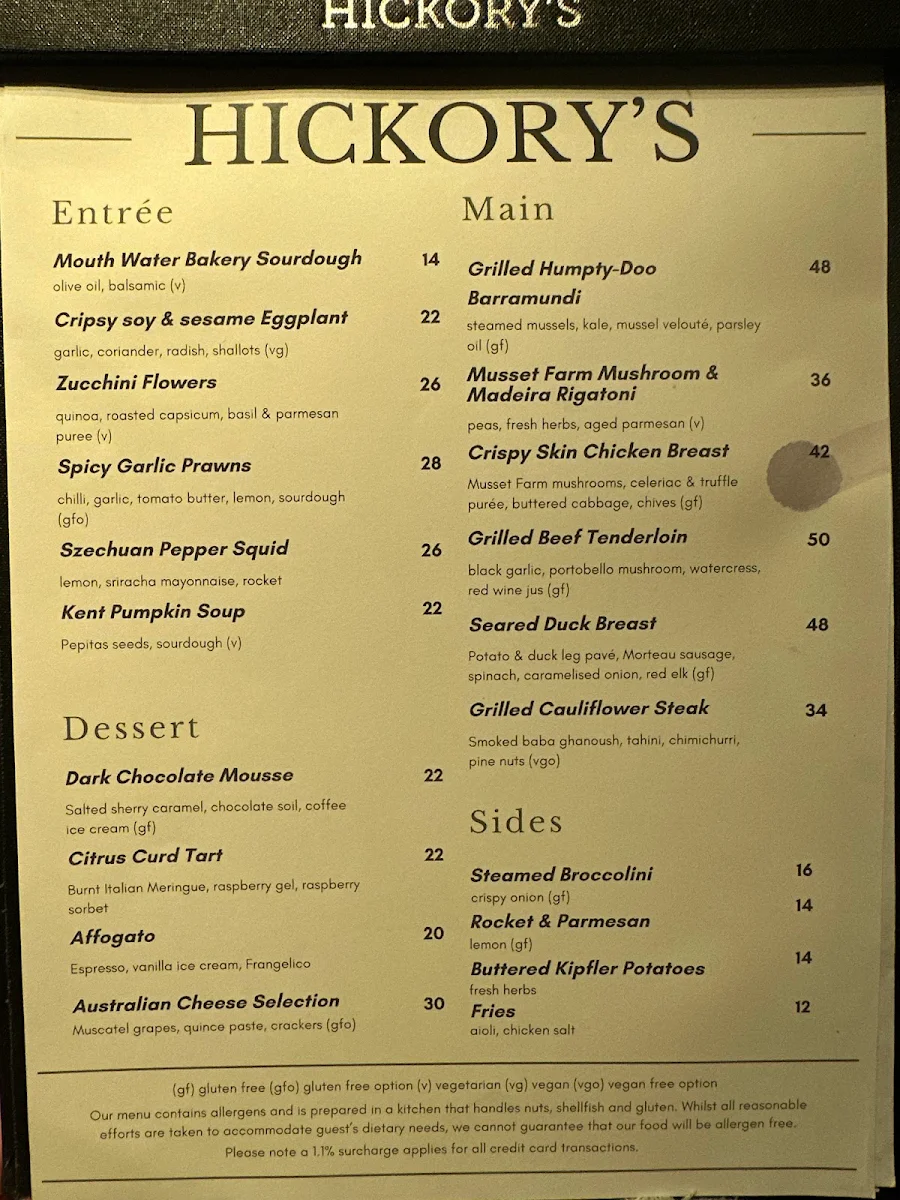 Menu, Hickory's Restaurant & Bar