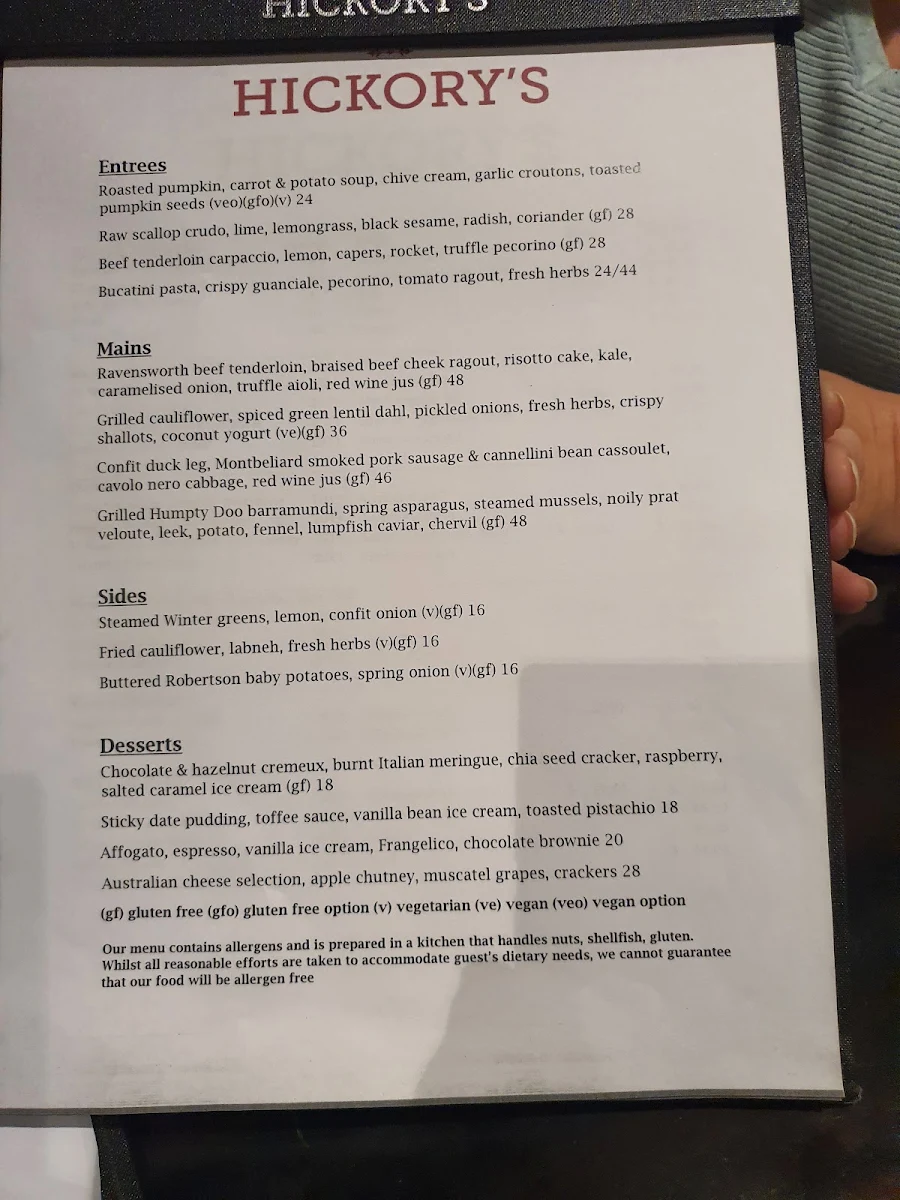Menu, Hickory's Restaurant & Bar
