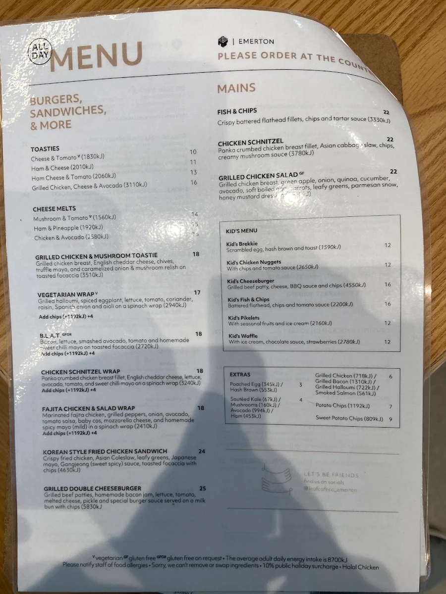 Menu, Leaf Cafe & Co Emerton Village