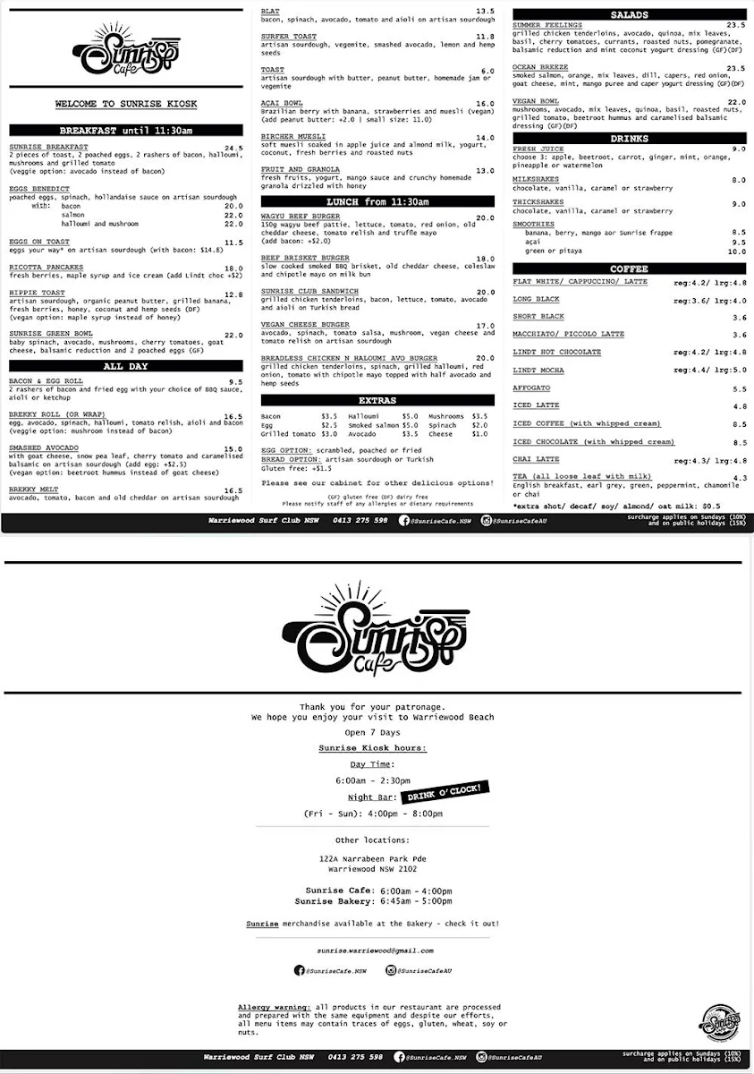 Menu, Sunrise Kiosk
