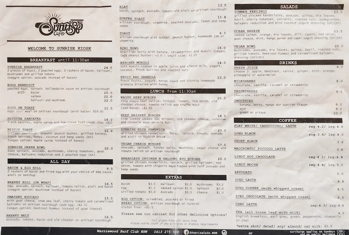 Menu, Sunrise Kiosk