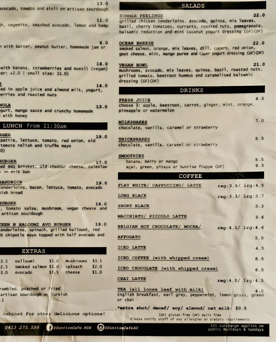 Menu, Sunrise Kiosk