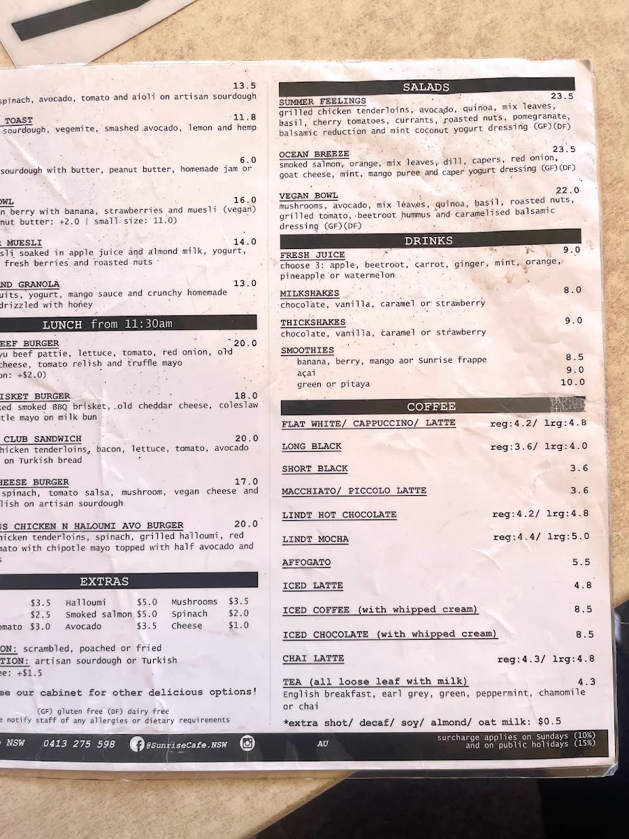 Menu, Sunrise Kiosk