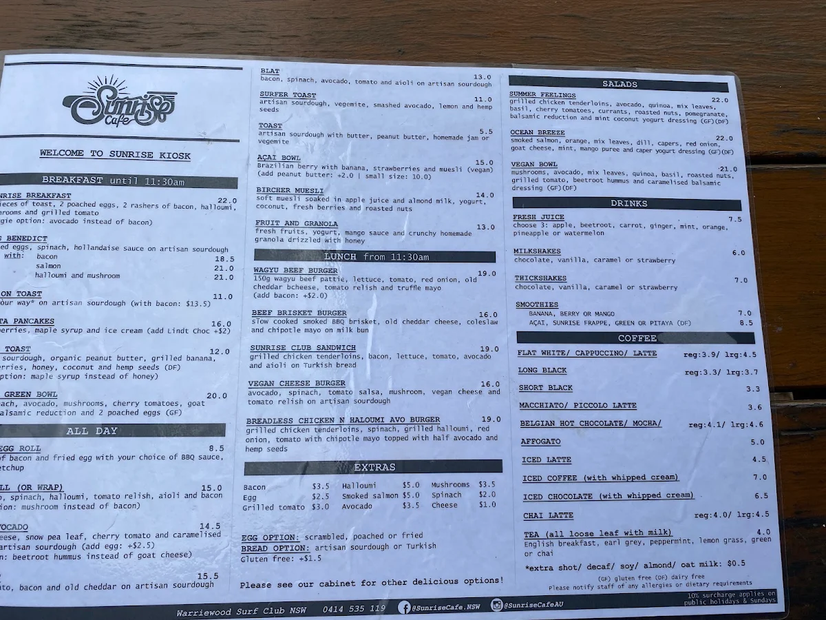 Menu, Sunrise Kiosk