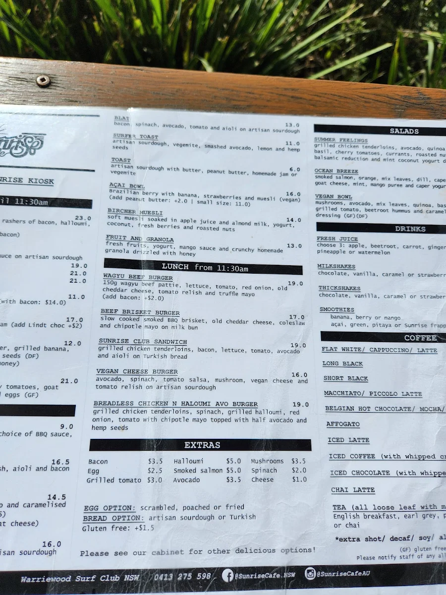 Menu, Sunrise Kiosk