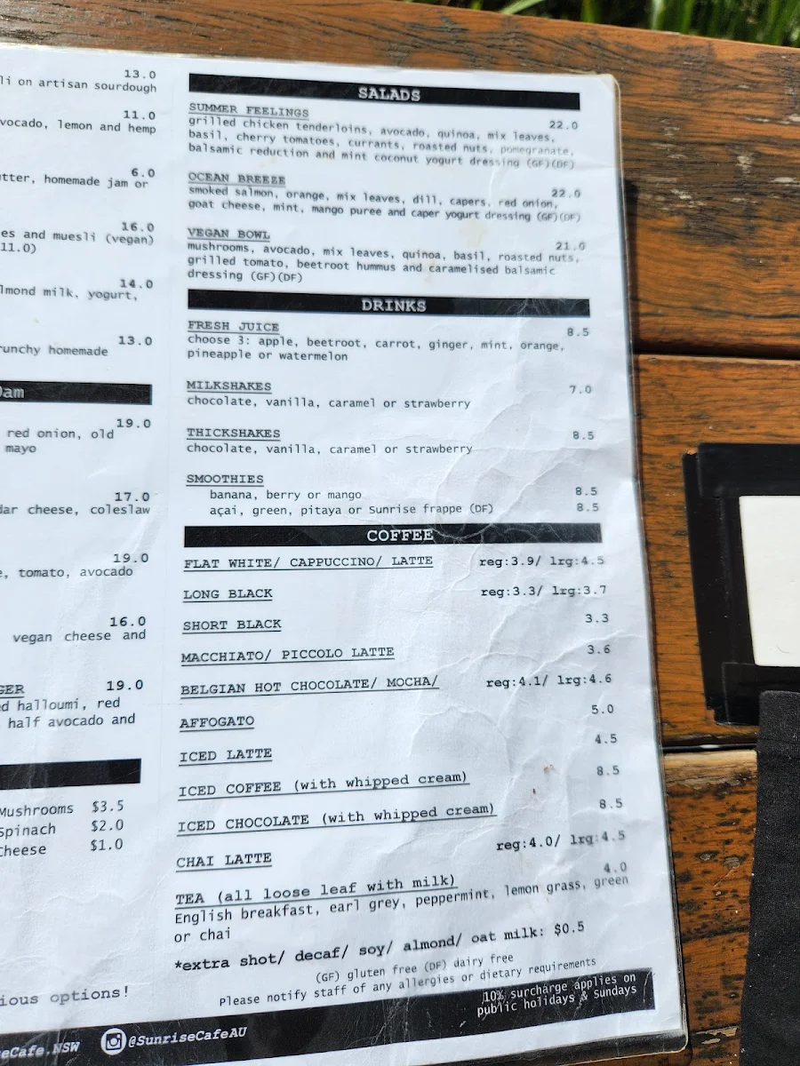 Menu, Sunrise Kiosk