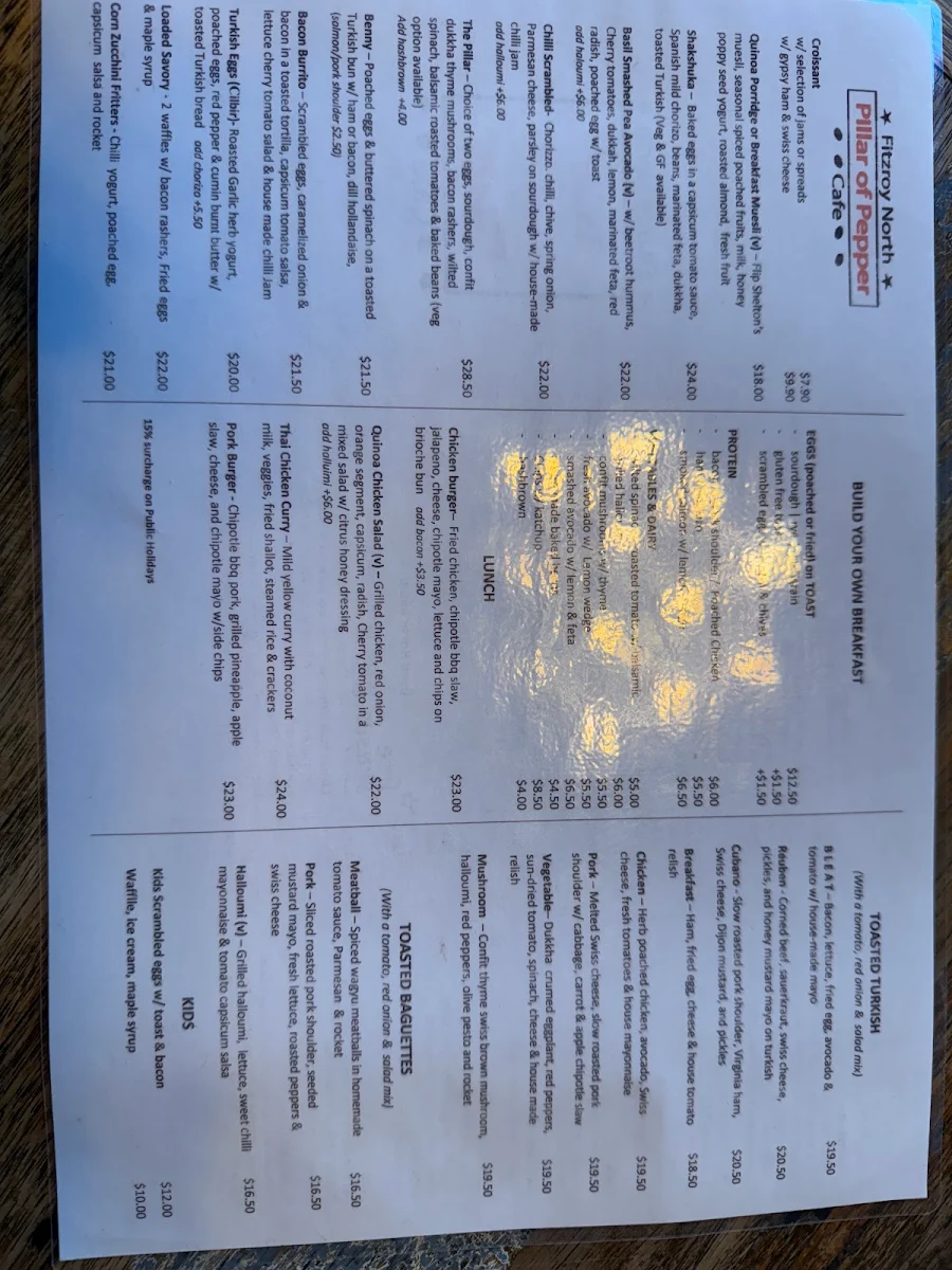Menu, Pillar Of Pepper cafe